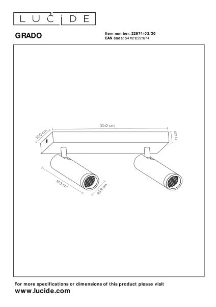 Lucide GRADO - Spot plafond - 2xGU10 (MR11) - Noir - technique